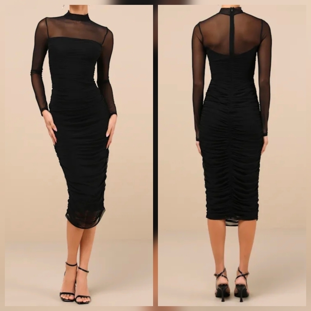 Lulus Impressive Flirt Black Mesh Ruched Mock Neck Midi Dress XXS